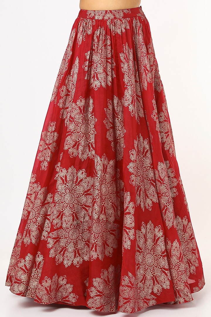 Red Tara Printed Organza Skirt Set by Bhumika Sharma at Pernia's Pop Up Shop