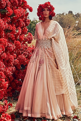 Champagne Hand Embroidered Anarkali Set by Bhumika Sharma