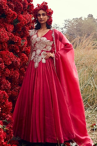 Fuchsia Embroidered Angrakha Anarkali Set by Bhumika Sharma