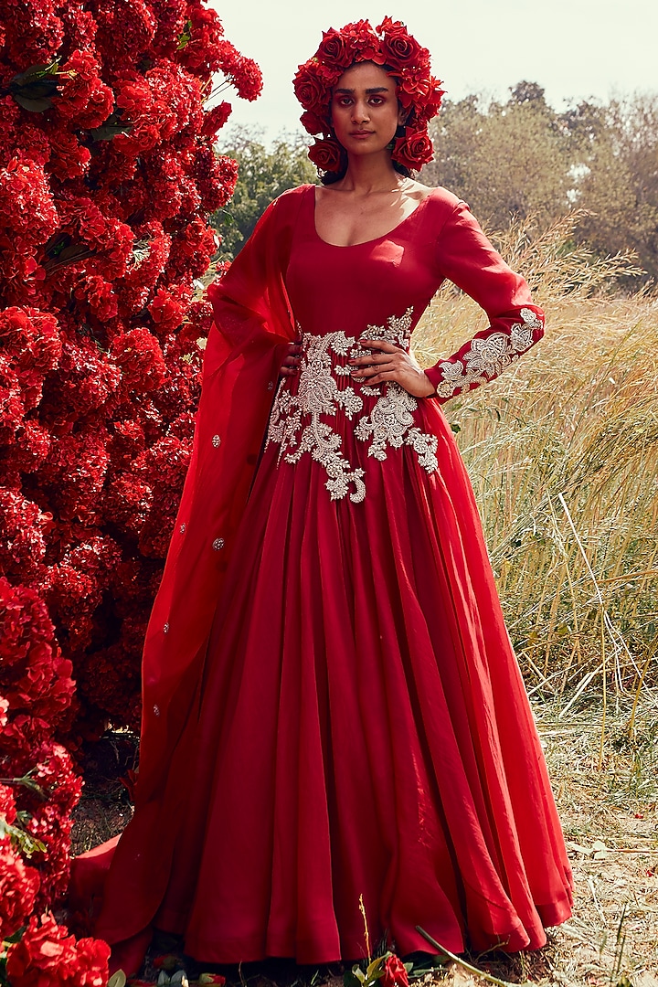 Cadmium Red Embroidered Anarkali Set by Bhumika Sharma
