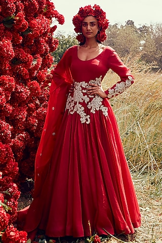 Cadmium Red Embroidered Anarkali Set by Bhumika Sharma