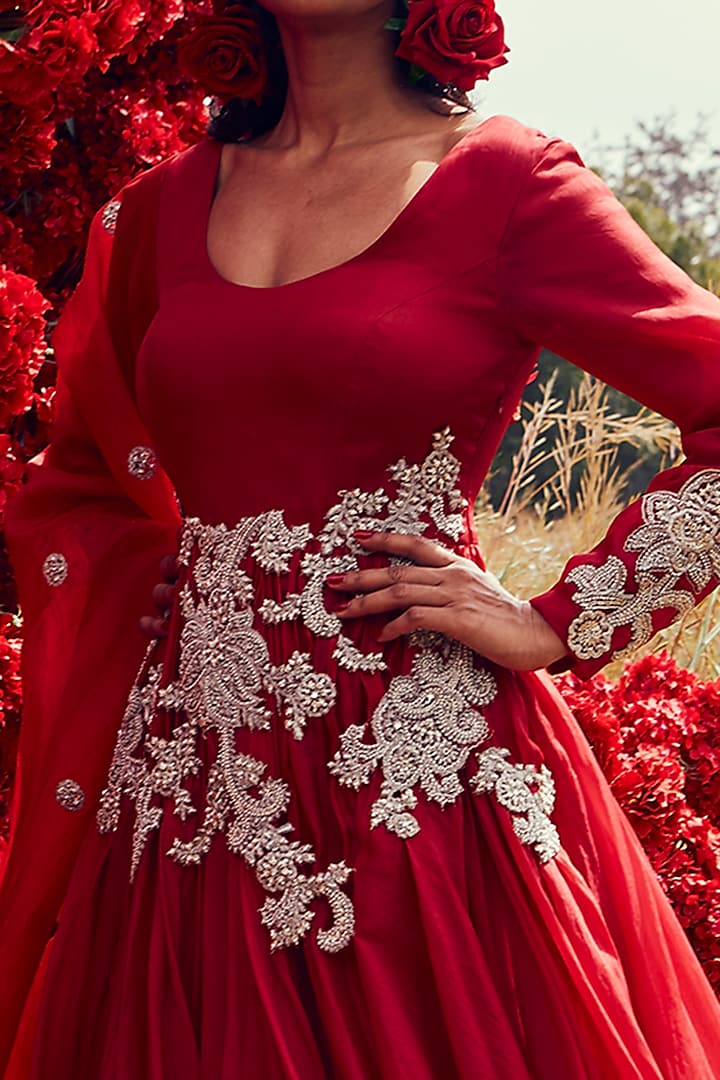 Cadmium Red Embroidered Bridal Anarkali Set by Bhumika Sharma at Pernia's Pop Up Shop