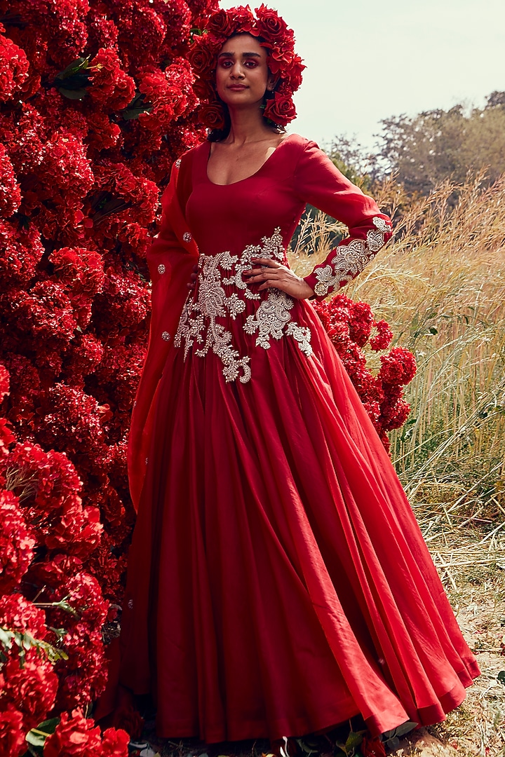 Cadmium Red Embroidered Bridal Anarkali Set by Bhumika Sharma at Pernia's Pop Up Shop