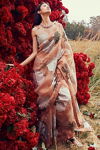 Nude Organza & Net Dahlia Printed Saree Set by Bhumika Sharma