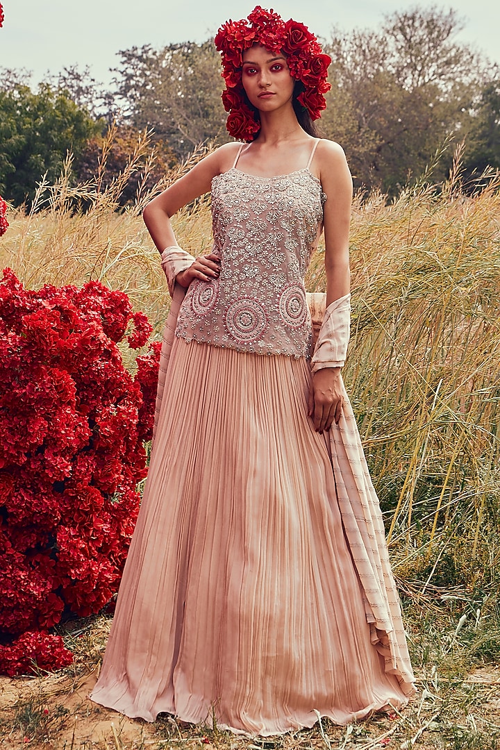 Champagne Pleated Lehenga Set by Bhumika Sharma