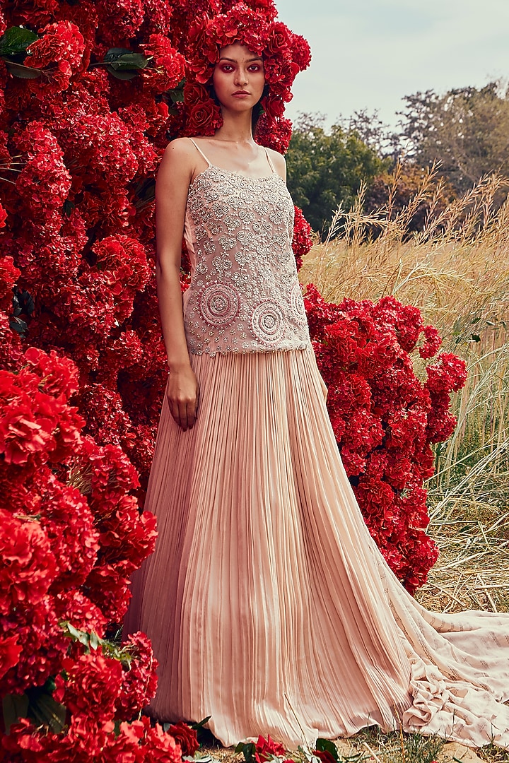 Champagne Pleated Wedding Lehenga Set by Bhumika Sharma at Pernia's Pop Up Shop