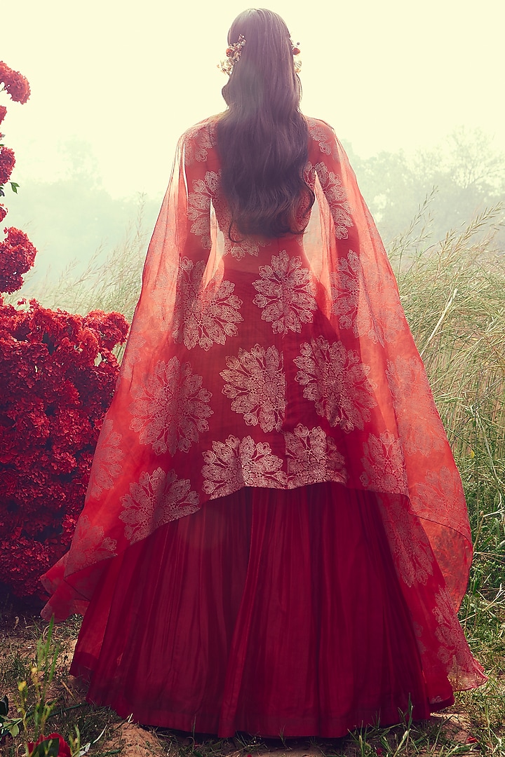 Cadmium Red Organza Wedding Lehenga Set by Bhumika Sharma at Pernia's Pop Up Shop
