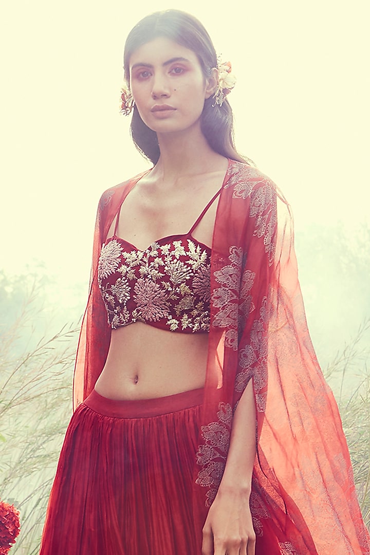 Cadmium Red Organza Wedding Lehenga Set by Bhumika Sharma at Pernia's Pop Up Shop