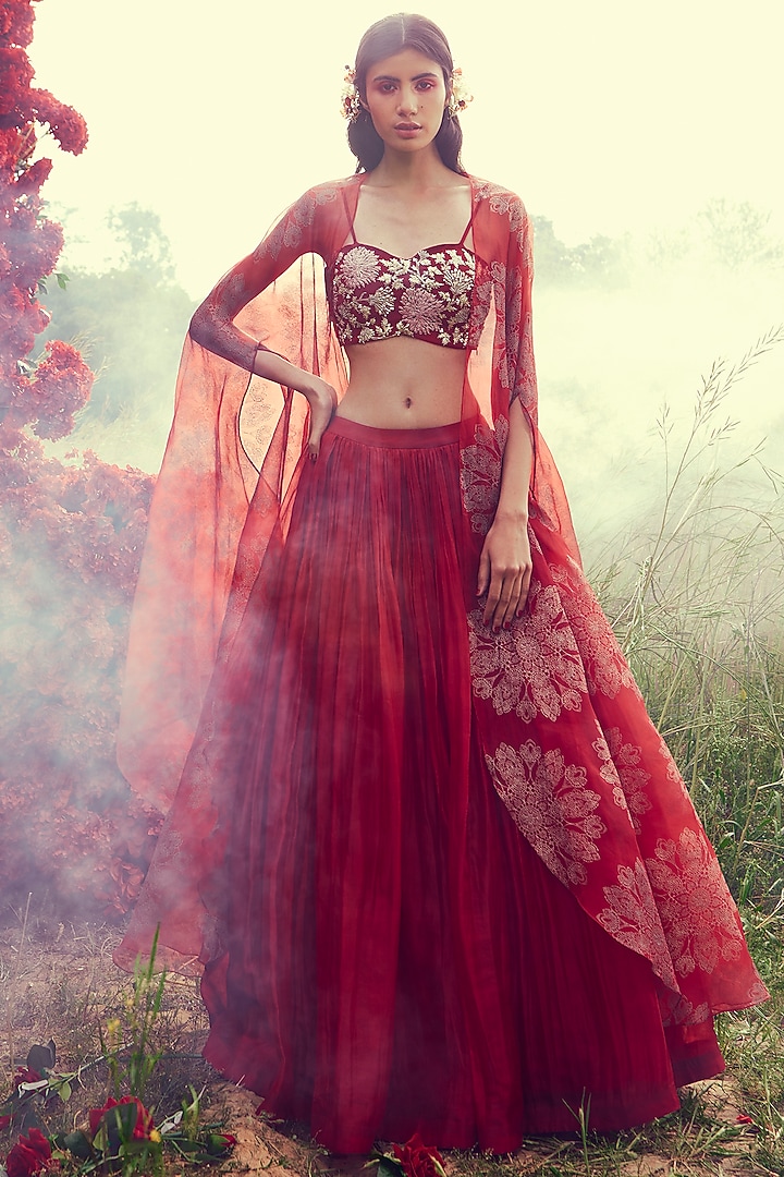 Cadmium Red Organza Wedding Lehenga Set by Bhumika Sharma at Pernia's Pop Up Shop