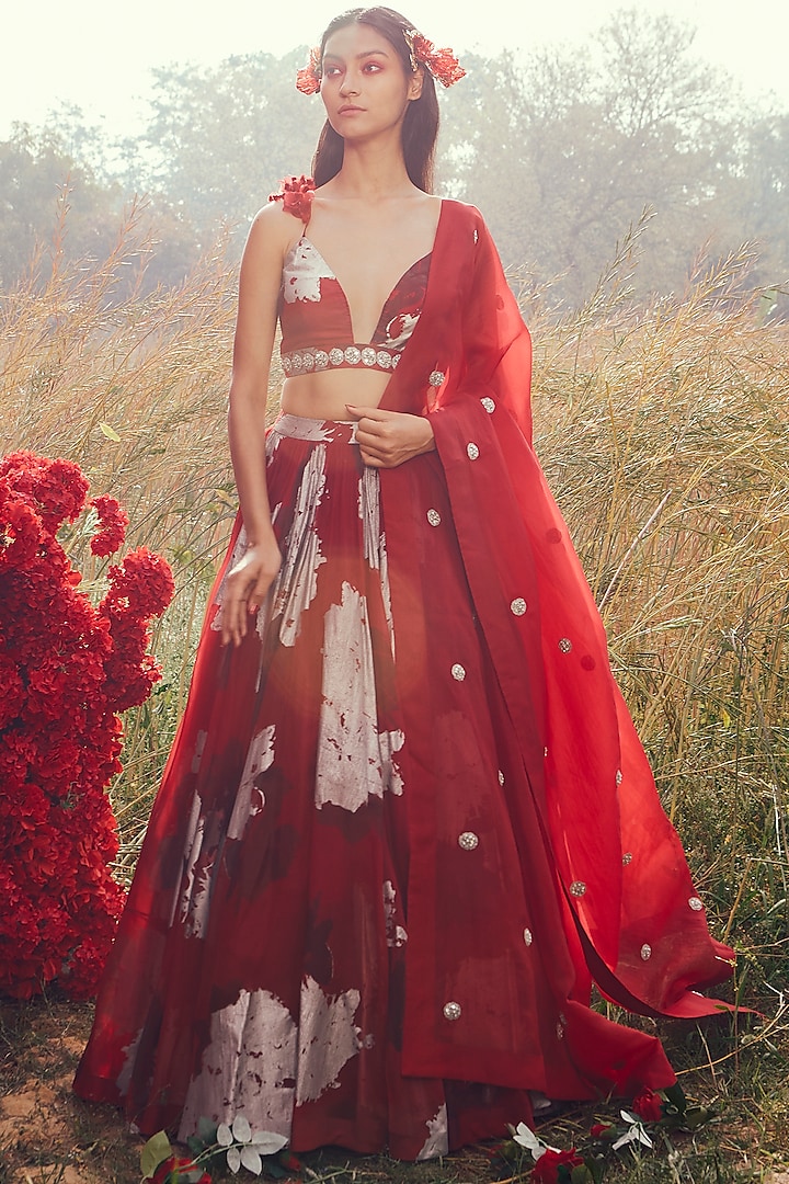 Dark Red Printed & Embroidered Lehenga Set by Bhumika Sharma