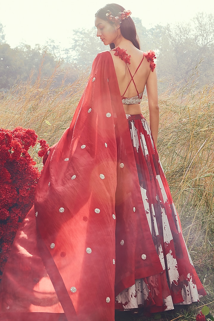 Dark Red Printed & Embroidered Wedding Lehenga Set by Bhumika Sharma at Pernia's Pop Up Shop