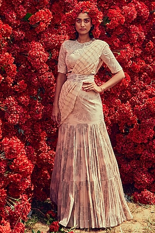 Champagne Printed Pre-Stitched Saree Set by Bhumika Sharma