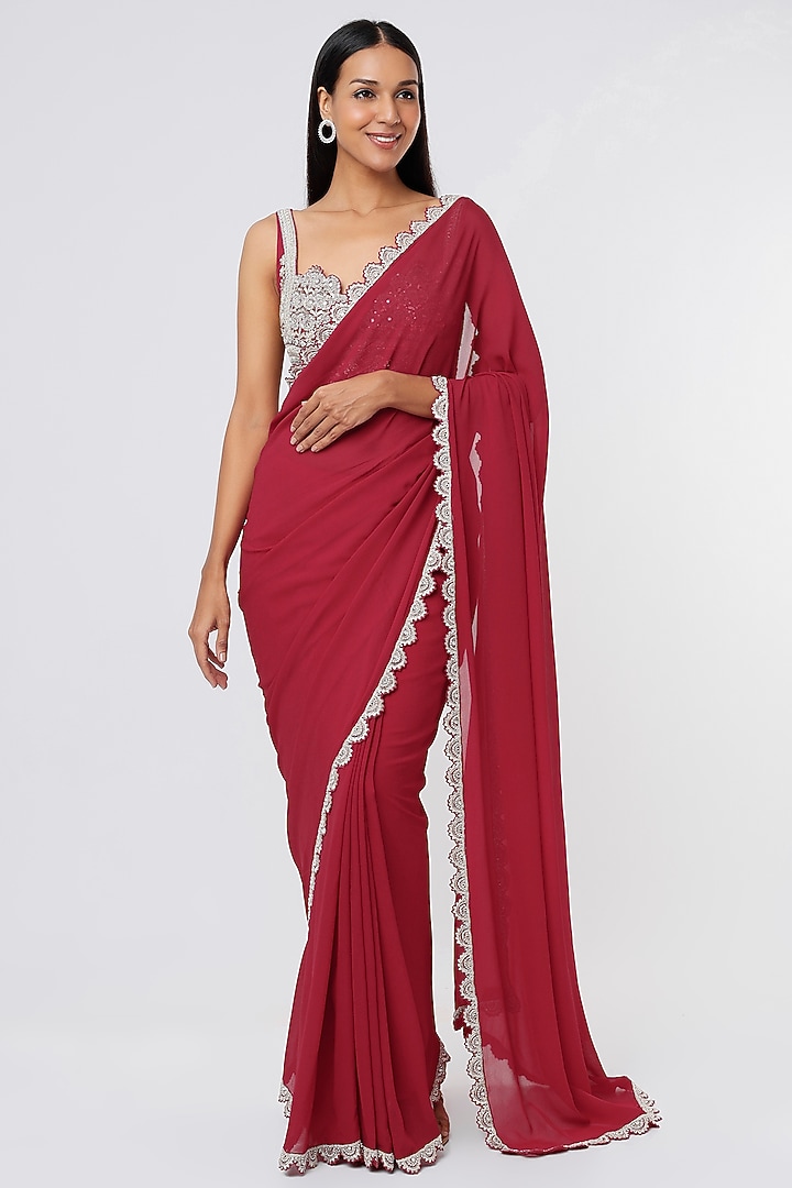 Red Satin & Crepe Wedding Saree Set by Bhumika Sharma at Pernia's Pop Up Shop
