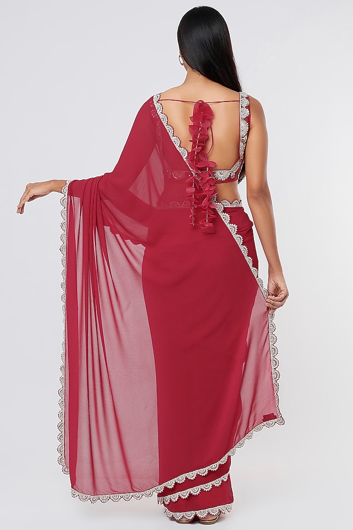 Red Satin & Crepe Wedding Saree Set by Bhumika Sharma at Pernia's Pop Up Shop