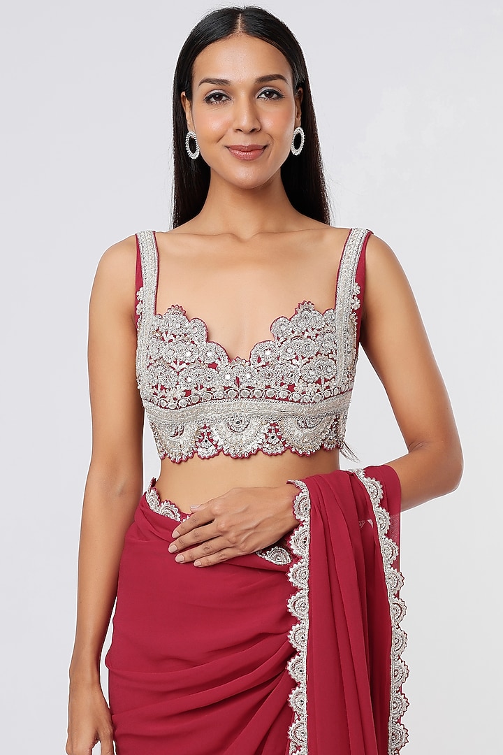 Red Satin & Crepe Wedding Saree Set by Bhumika Sharma at Pernia's Pop Up Shop