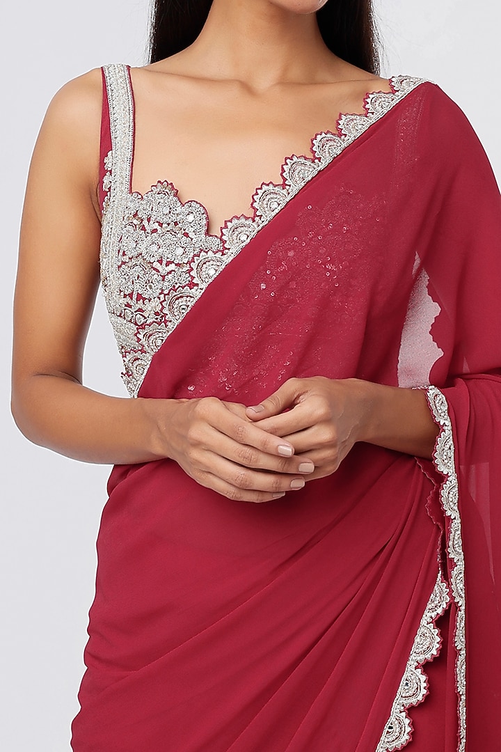 Red Satin & Crepe Wedding Saree Set by Bhumika Sharma at Pernia's Pop Up Shop