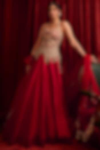 Red Linen Satin Wedding Lehenga Set by Bhumika Sharma at Pernia's Pop Up Shop