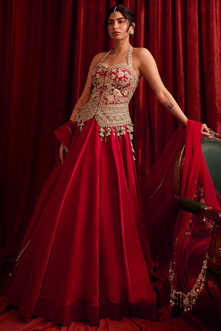 Red Linen Satin Wedding Lehenga Set by Bhumika Sharma at Pernia's Pop Up Shop