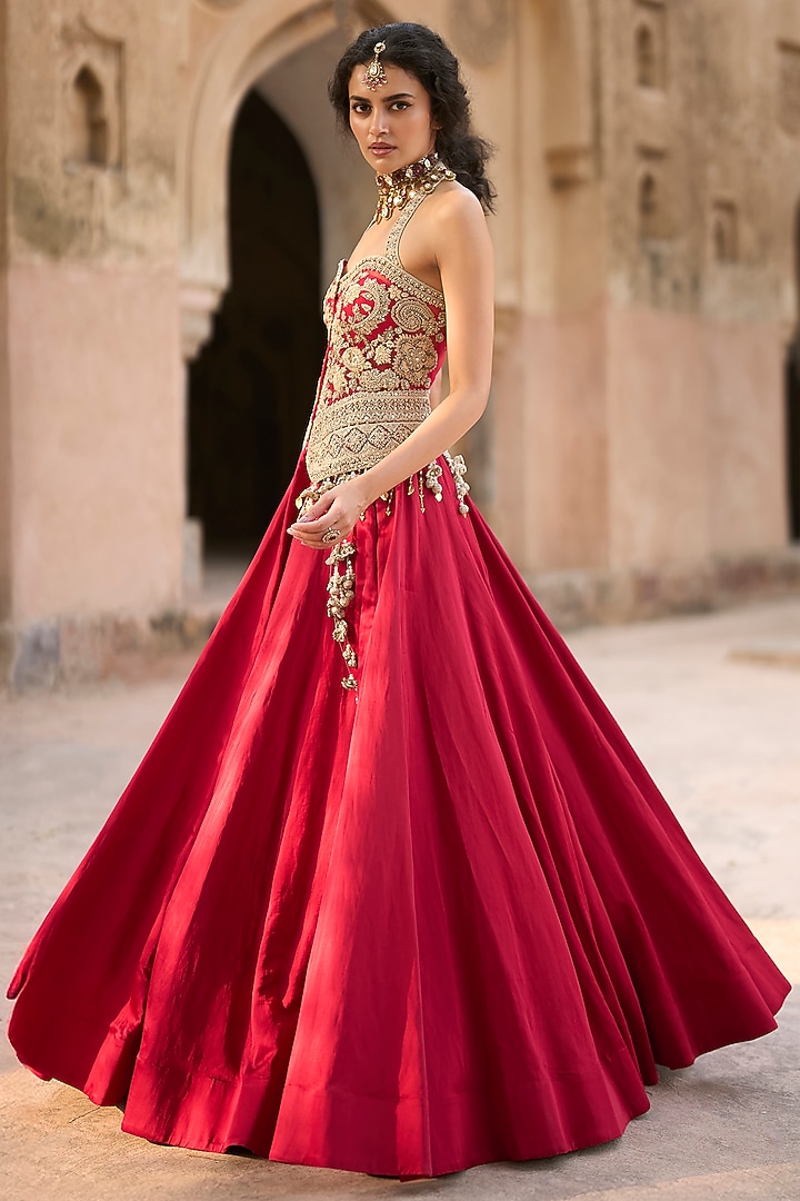 Red Linen Satin Wedding Lehenga Set by Bhumika Sharma at Pernia's Pop Up Shop