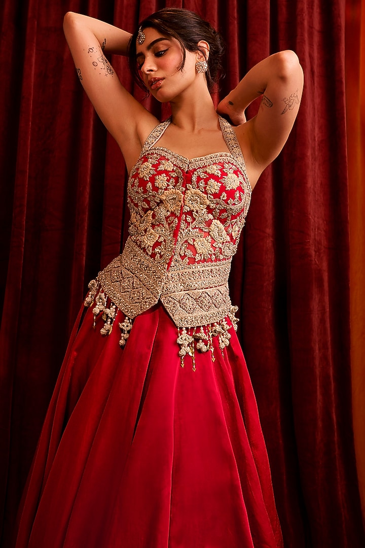 Red Linen Satin Wedding Lehenga Set by Bhumika Sharma at Pernia's Pop Up Shop