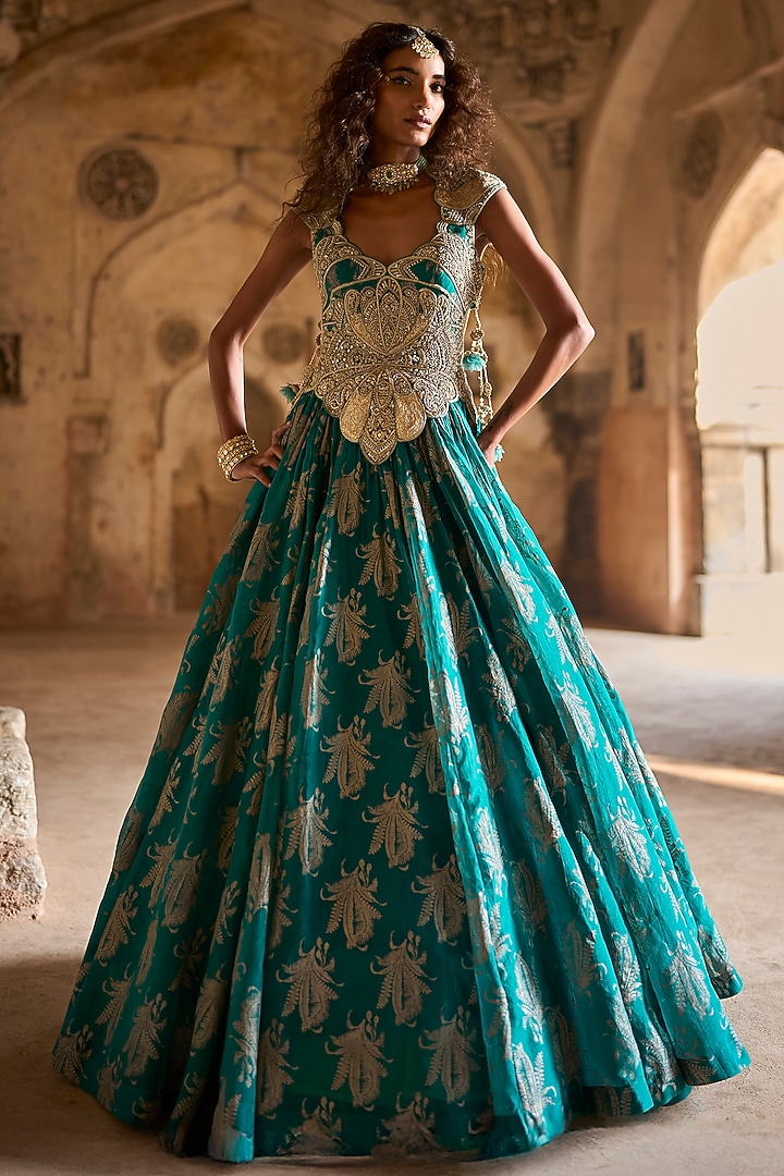 Teal Organza Embroidered Bridal Anarkali by Bhumika Sharma at Pernia's Pop Up Shop