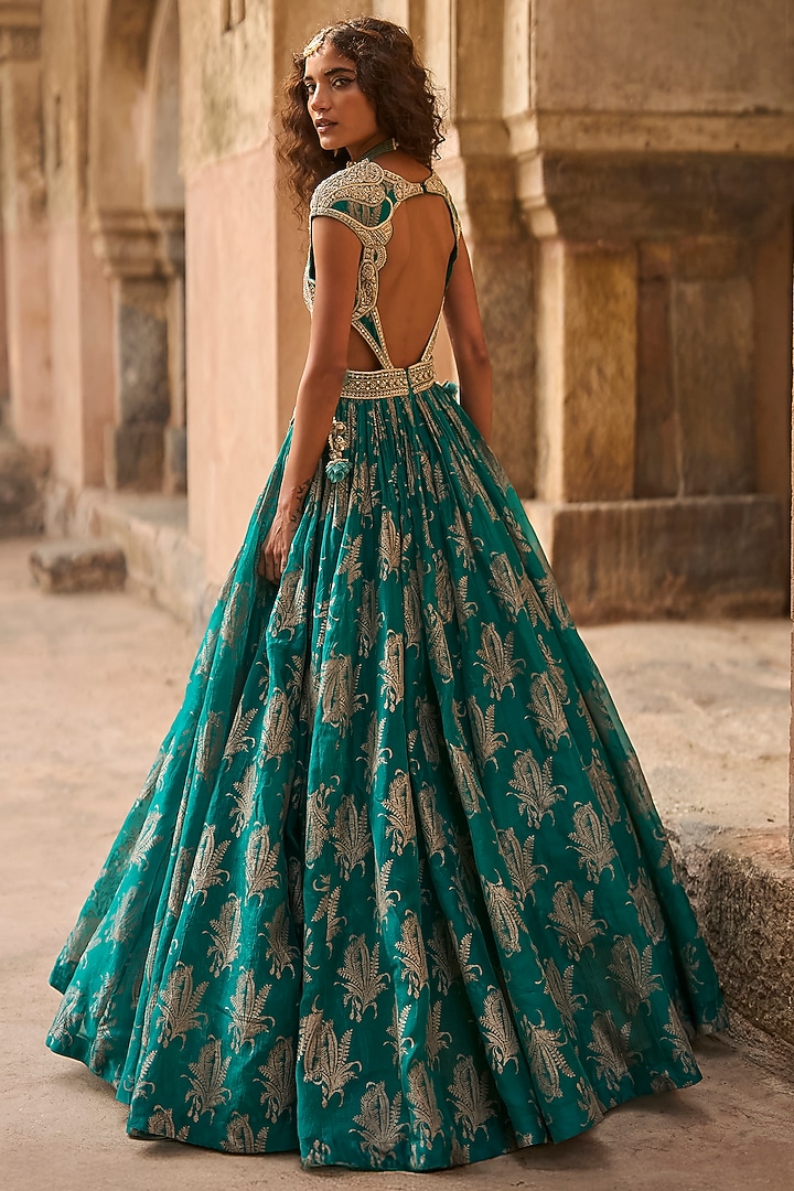 Teal Organza Embroidered Bridal Anarkali by Bhumika Sharma at Pernia's Pop Up Shop