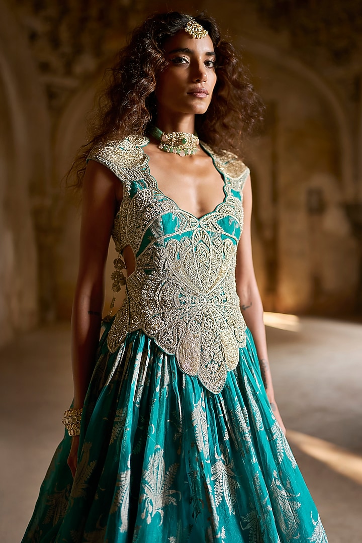 Teal Organza Embroidered Bridal Anarkali by Bhumika Sharma at Pernia's Pop Up Shop
