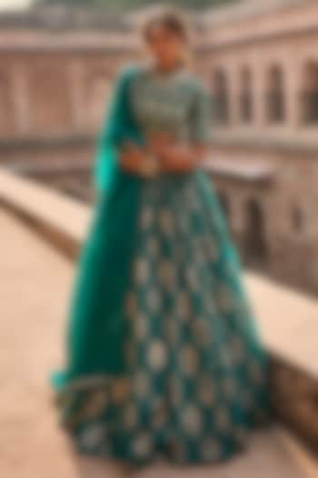 Teal Green Organza Printed Wedding Lehenga Set by Bhumika Sharma at Pernia's Pop Up Shop