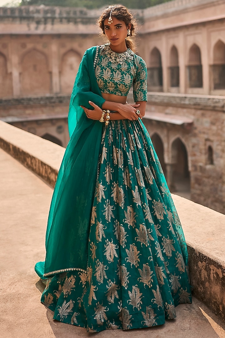 Teal Green Organza Printed Wedding Lehenga Set by Bhumika Sharma at Pernia's Pop Up Shop