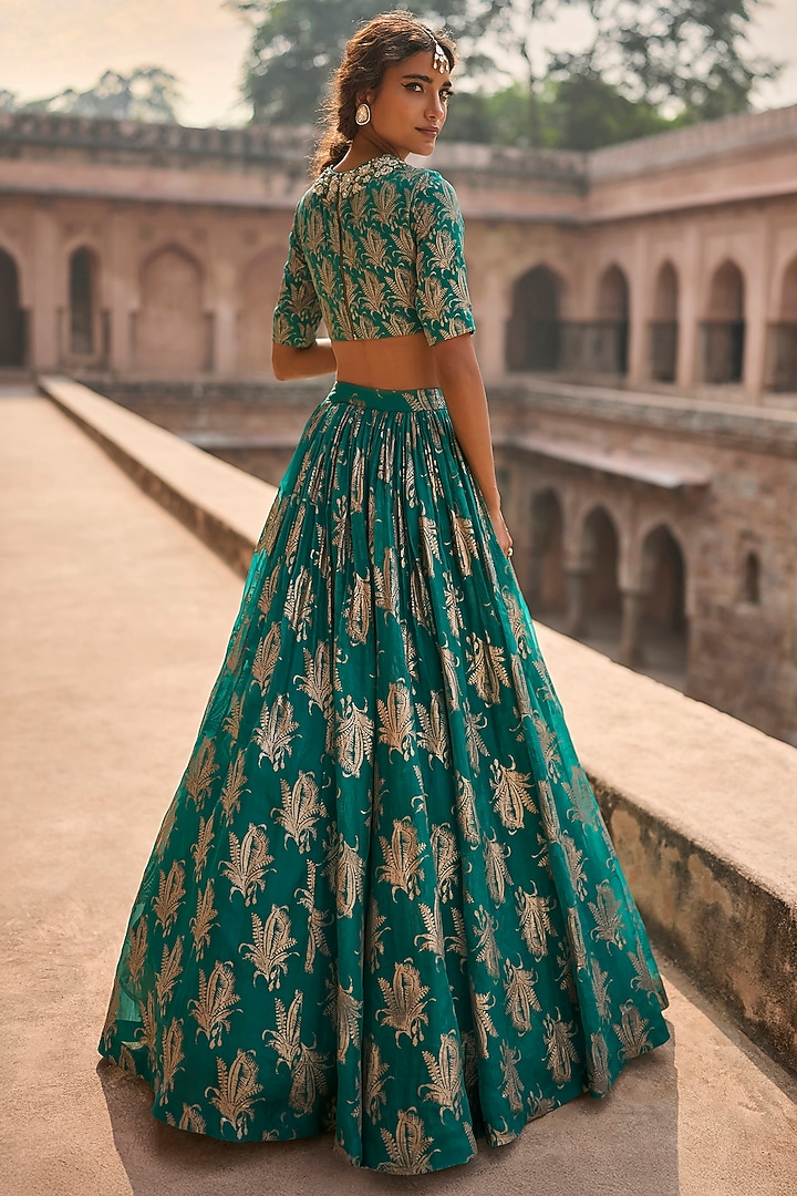 Teal Green Organza Printed Wedding Lehenga Set by Bhumika Sharma at Pernia's Pop Up Shop