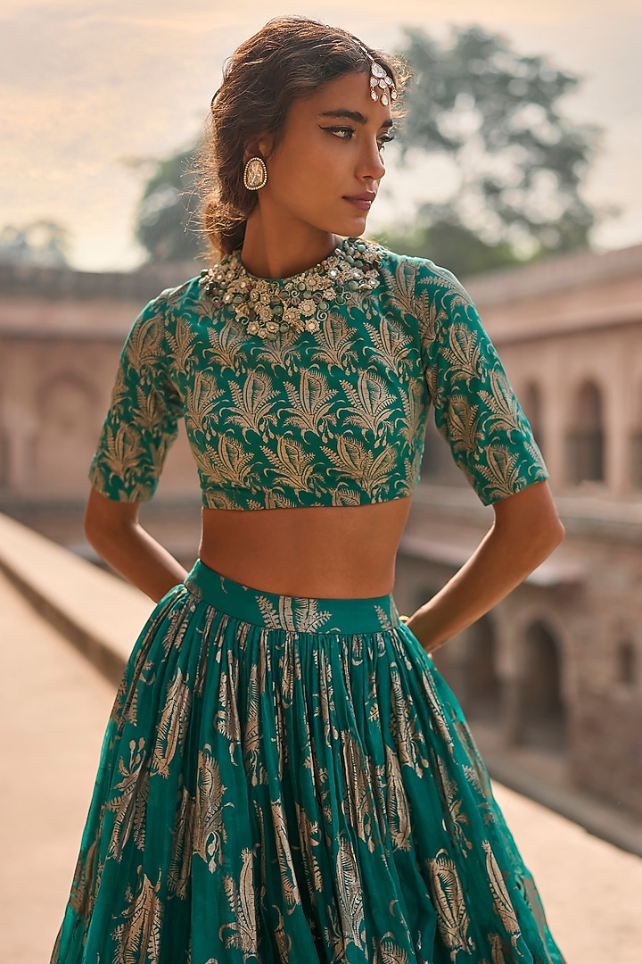 Teal Green Organza Printed Wedding Lehenga Set by Bhumika Sharma at Pernia's Pop Up Shop