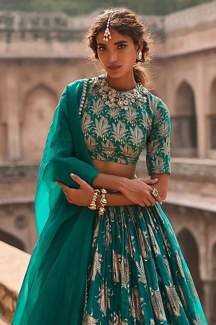 Teal Green Organza Printed Wedding Lehenga Set by Bhumika Sharma at Pernia's Pop Up Shop