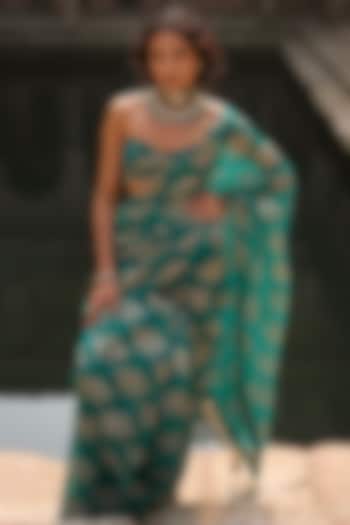 Teal Organza Printed Wedding Saree Set by Bhumika Sharma at Pernia's Pop Up Shop