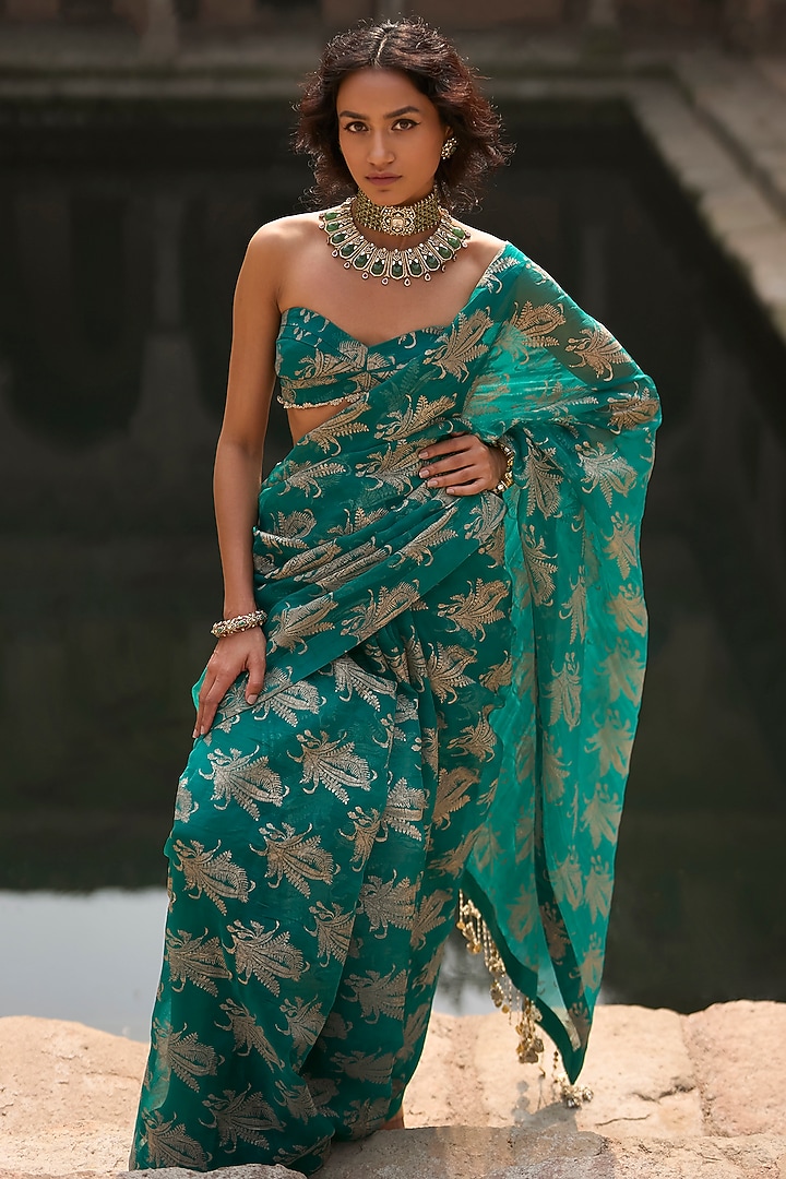 Teal Organza Printed Wedding Saree Set by Bhumika Sharma at Pernia's Pop Up Shop