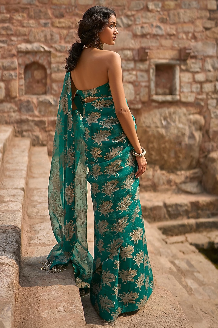 Teal Organza Printed Wedding Saree Set by Bhumika Sharma at Pernia's Pop Up Shop