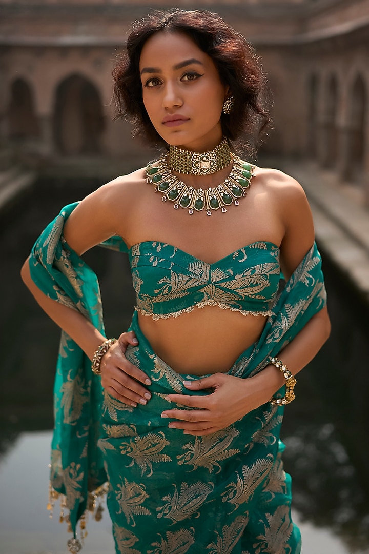 Teal Organza Printed Wedding Saree Set by Bhumika Sharma at Pernia's Pop Up Shop