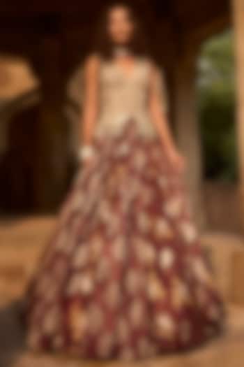 Brown Net & Organza Printed Jacket Bridal Lehenga Set by Bhumika Sharma at Pernia's Pop Up Shop