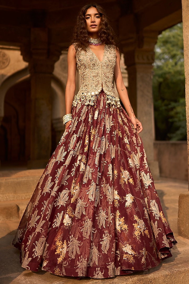 Brown Net & Organza Printed Jacket Bridal Lehenga Set by Bhumika Sharma at Pernia's Pop Up Shop