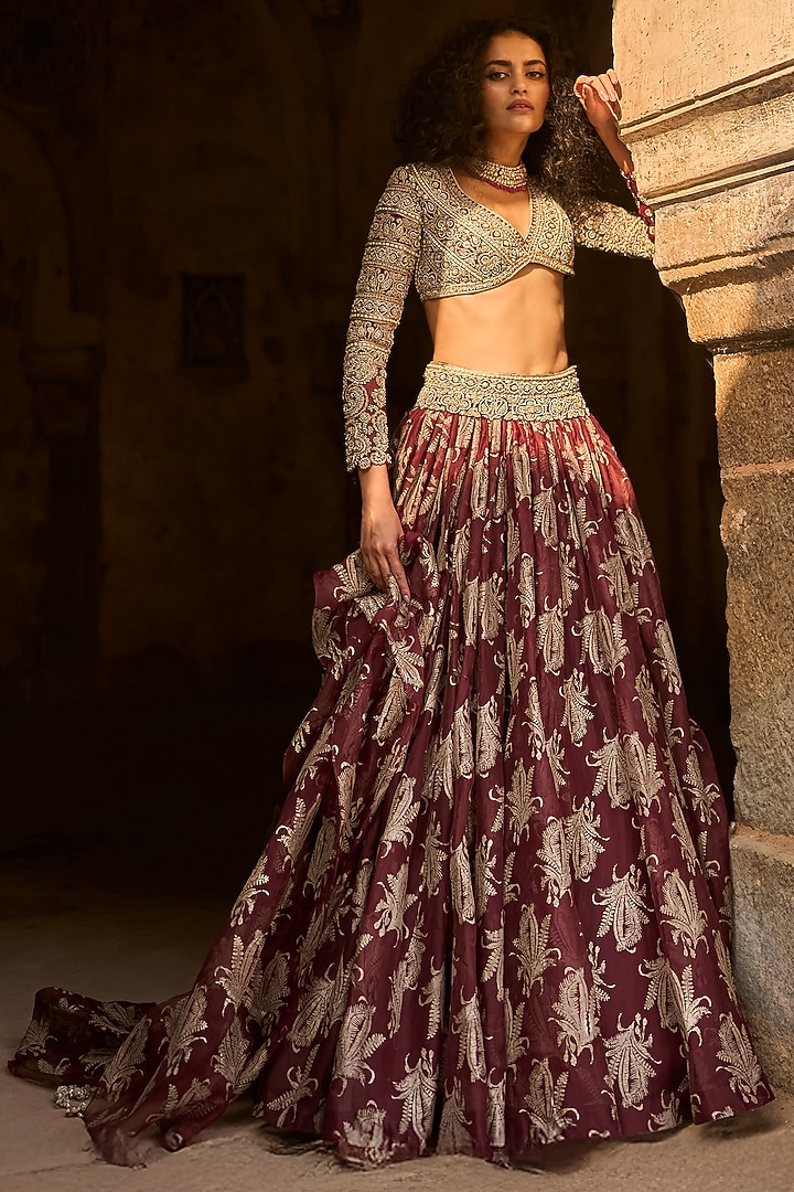Brown Net & Organza Printed Jacket Bridal Lehenga Set by Bhumika Sharma at Pernia's Pop Up Shop