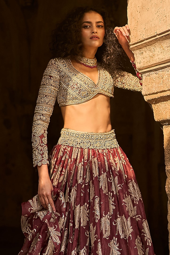 Brown Net & Organza Printed Jacket Bridal Lehenga Set by Bhumika Sharma at Pernia's Pop Up Shop
