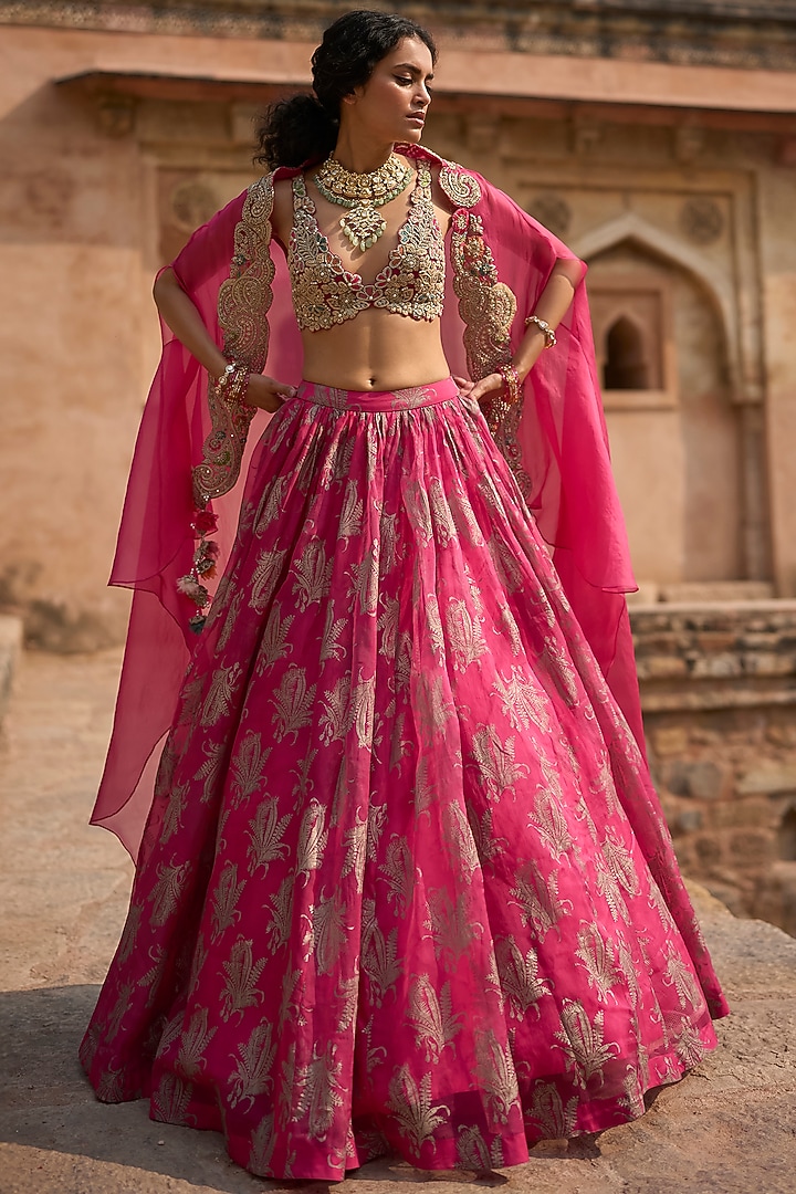 Fuchsia Organza Printed Bridal Lehenga Set by Bhumika Sharma at Pernia's Pop Up Shop
