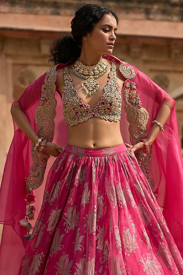 Fuchsia Organza Printed Bridal Lehenga Set by Bhumika Sharma at Pernia's Pop Up Shop
