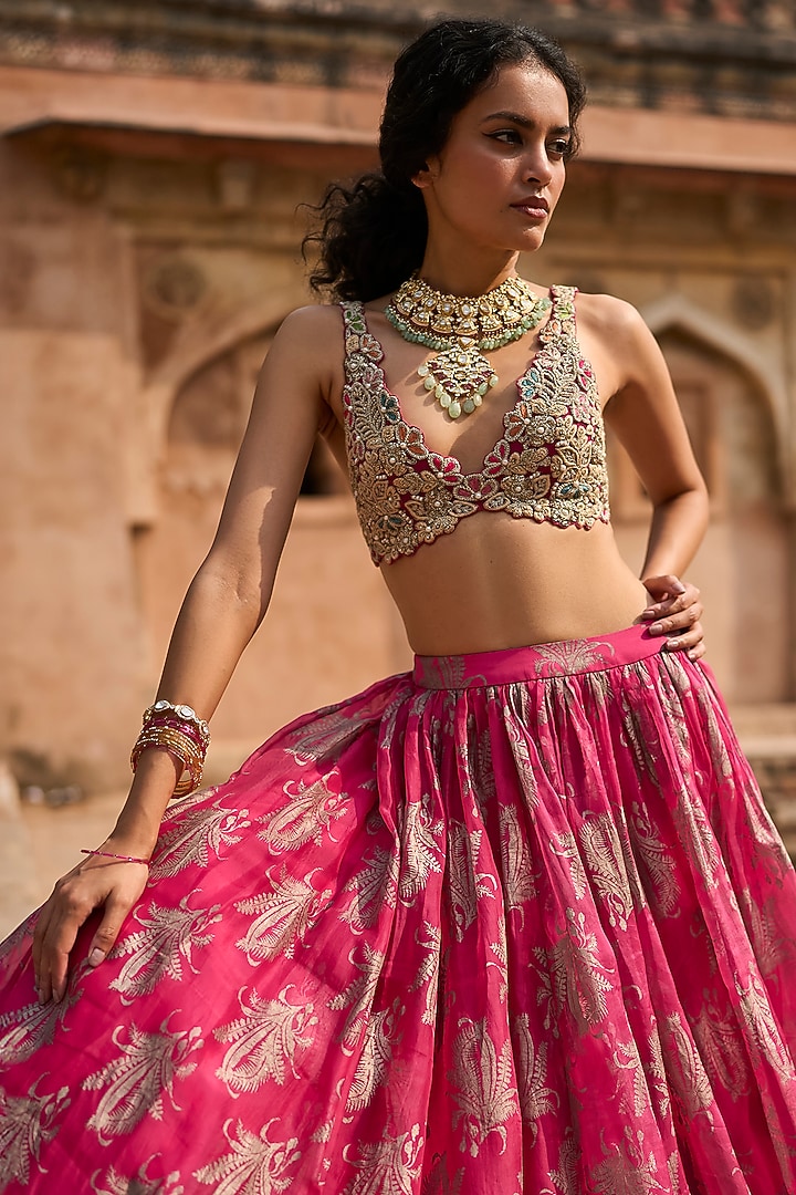 Fuchsia Organza Printed Bridal Lehenga Set by Bhumika Sharma at Pernia's Pop Up Shop