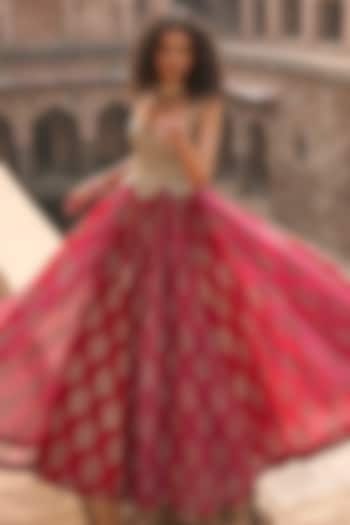 Fuchsia & Red Organza Embroidered Bridal Anarkali by Bhumika Sharma at Pernia's Pop Up Shop