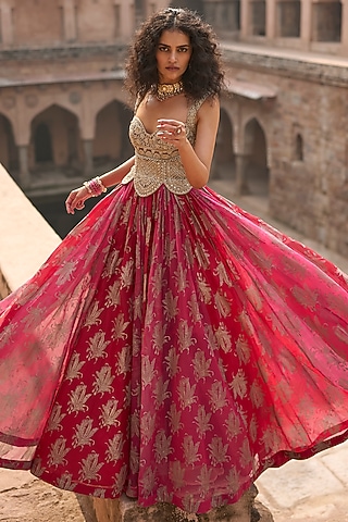 Fuchsia & Red Organza Embroidered Anarkali by Bhumika Sharma