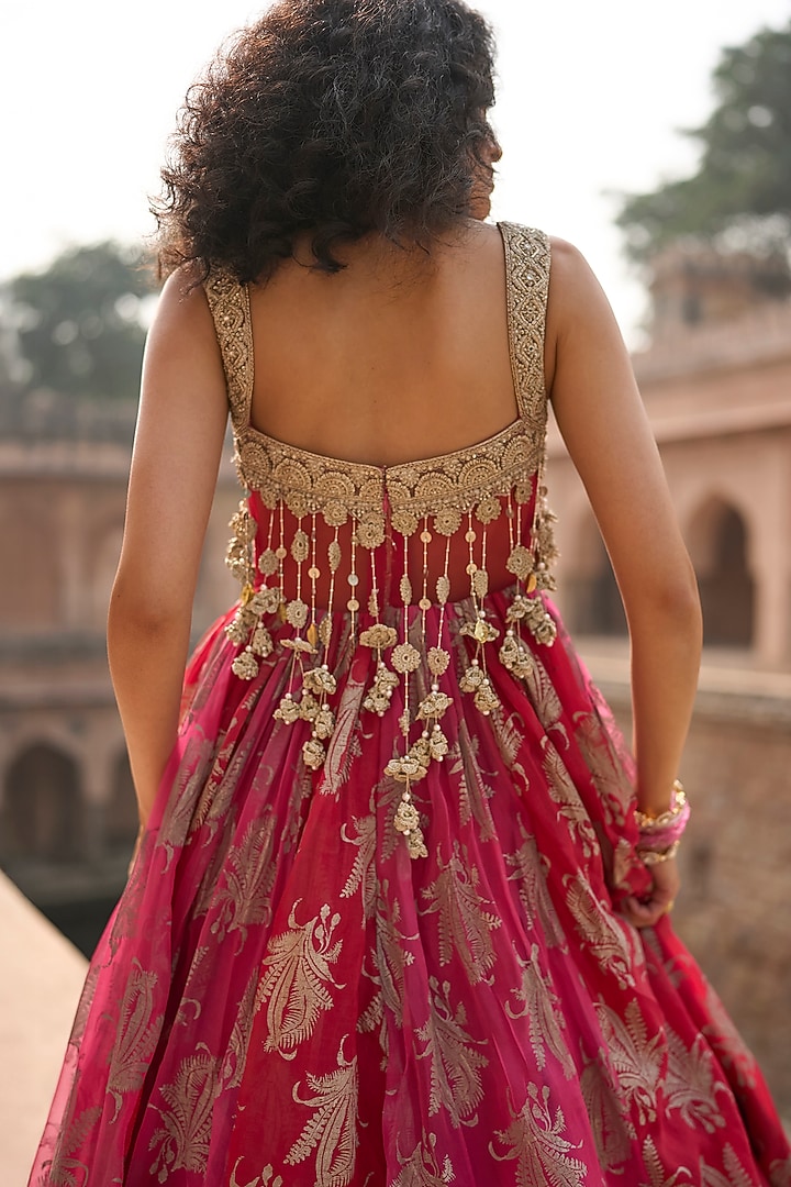 Fuchsia & Red Organza Embroidered Bridal Anarkali by Bhumika Sharma at Pernia's Pop Up Shop