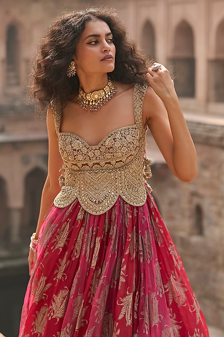 Fuchsia & Red Organza Embroidered Bridal Anarkali by Bhumika Sharma at Pernia's Pop Up Shop