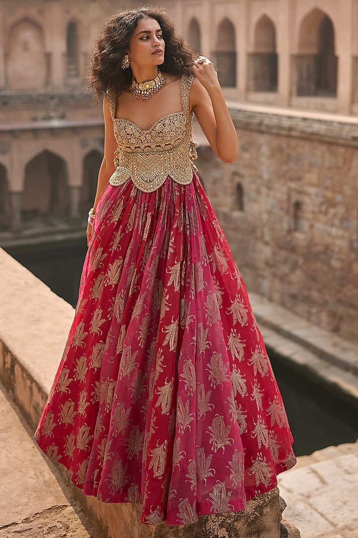 Fuchsia & Red Organza Embroidered Bridal Anarkali by Bhumika Sharma at Pernia's Pop Up Shop