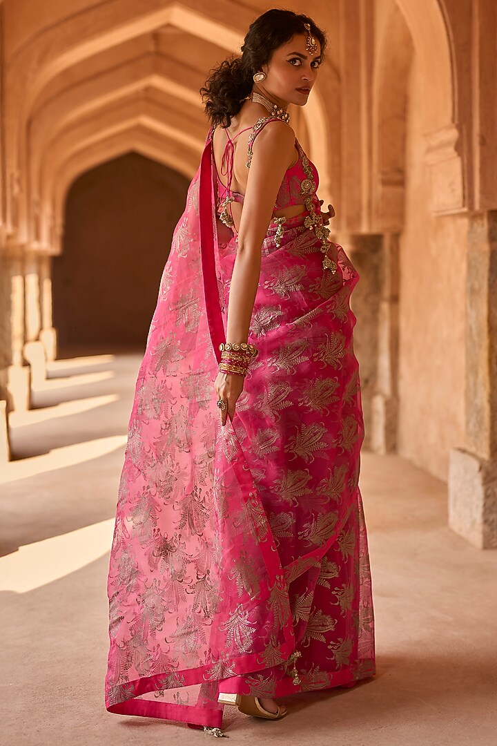 Fuchsia Organza Printed Wedding Saree Set by Bhumika Sharma at Pernia's Pop Up Shop