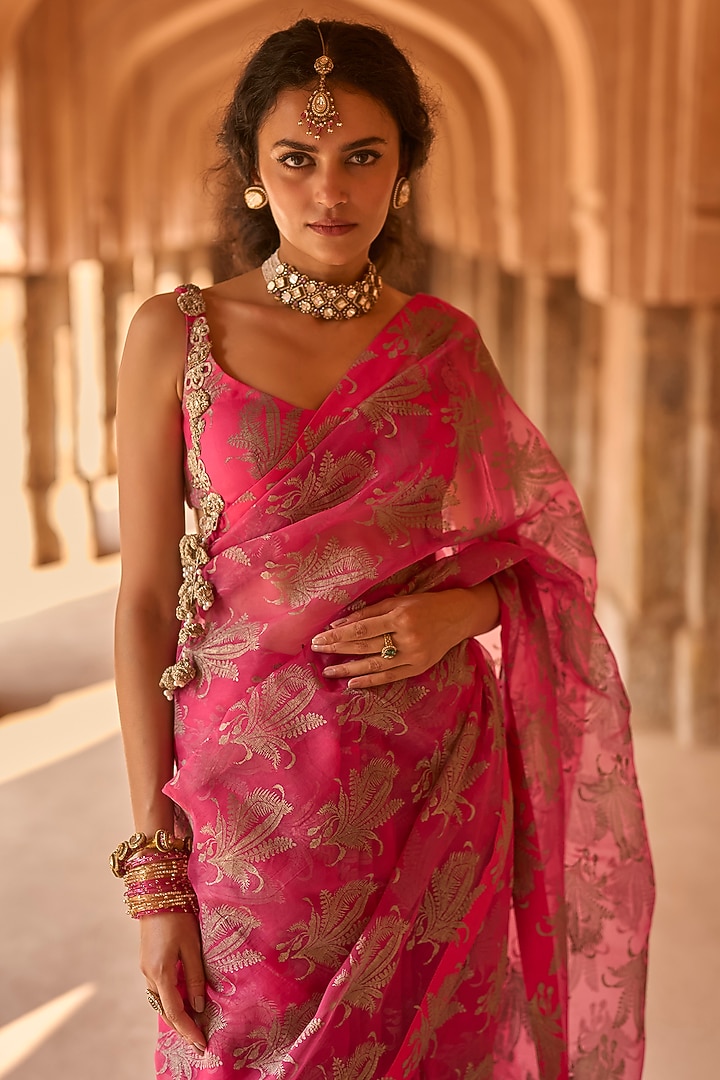 Fuchsia Organza Printed Wedding Saree Set by Bhumika Sharma at Pernia's Pop Up Shop